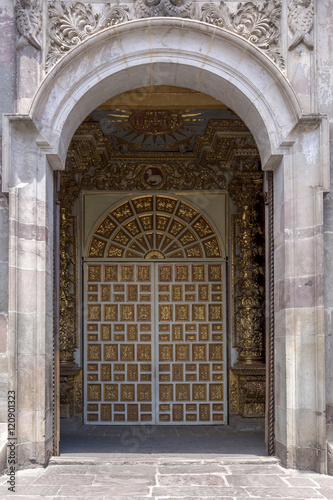 Door details of church of The Society of Jesus in Quito, UNESCO