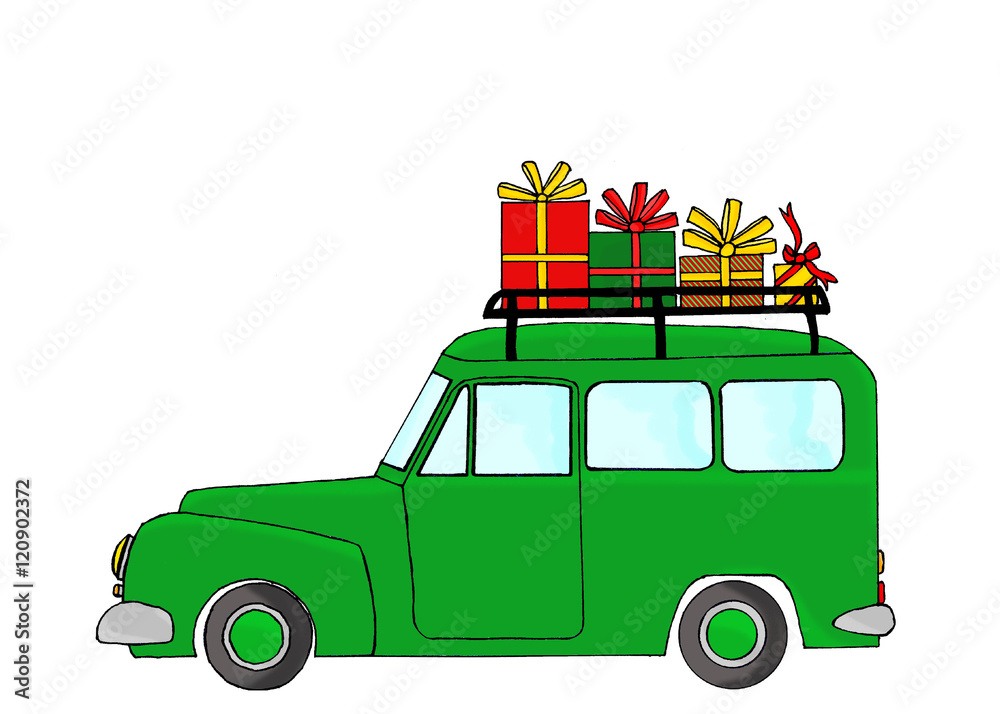 Green truck with Christmas gifts