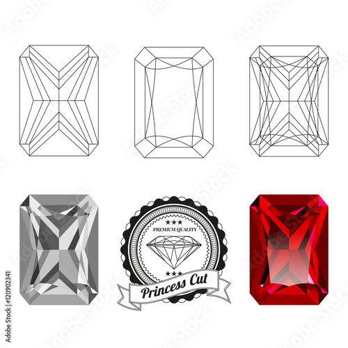 Set of princess cut jewel views isolated on white background. Princess cut jewel top and bottom views. Princess cut realistic ruby. Princess cut realistic diamond. Princess cut badge.