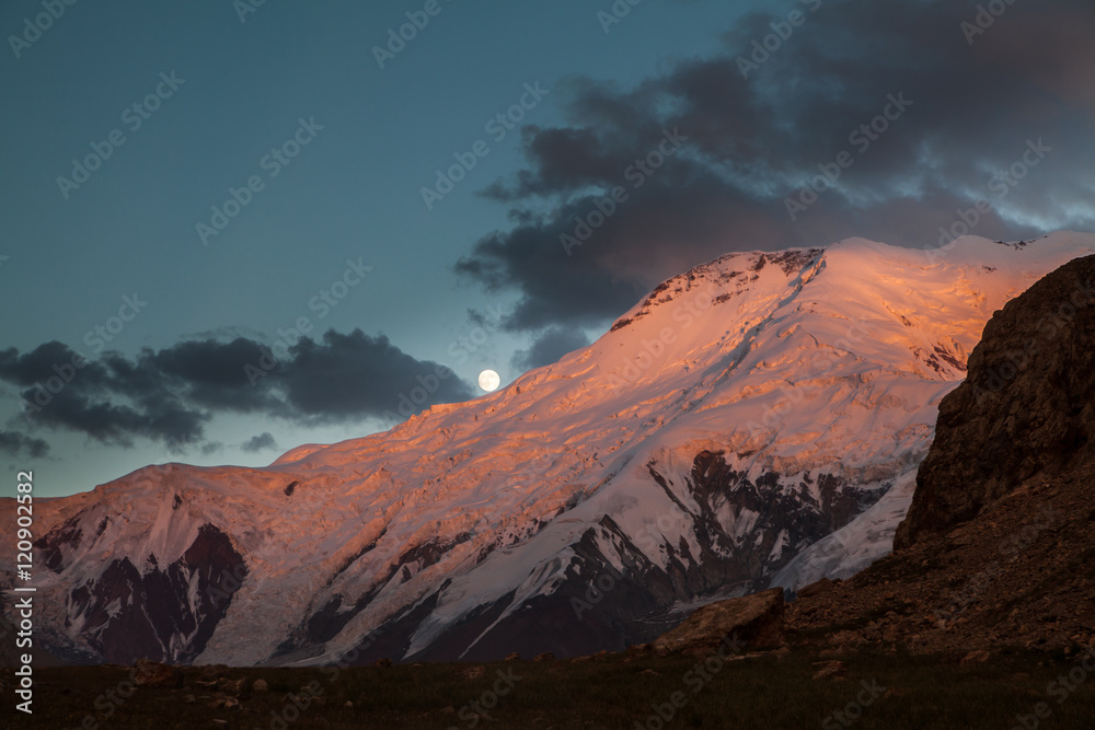 Beautiful mountain evening view near the Lenin peak. Pamir mountains. Kyrgyzstan