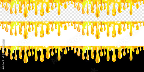 Sweet honey Drops. Syrup flows down. Seamless border vector isolated on white, black, and transparency. 