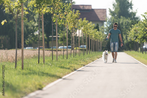 Young Man Walking Dog Through Park