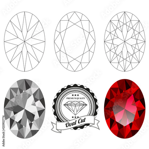 Set of oval cut jewel views isolated on white background. Oval cut jewel top and bottom views. Oval cut realistic ruby. Oval cut realistic diamond. Oval cut badge.