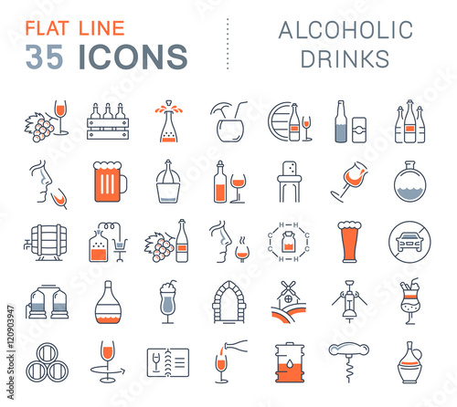 Set Vector Flat Line Icons Alcoholic Drinks