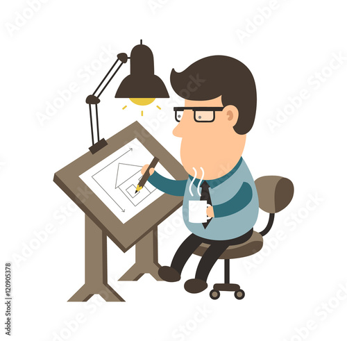 Architect working on desk. House project. draftsman flat illustration character design. Isolated on white background
