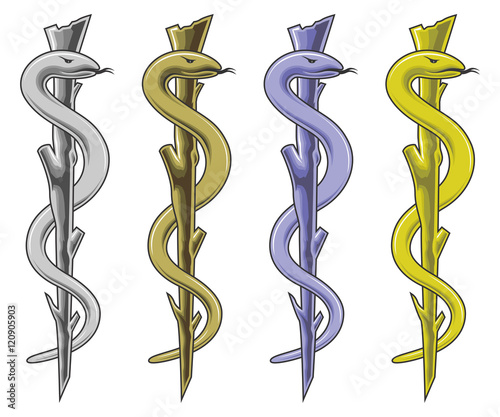 Medical Symbol - Rod of Asclepius is an illustration of the medical symbol in silver, gold, blue and yellow.