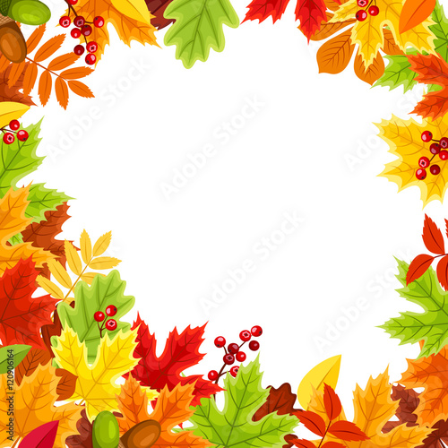 Vector red  orange  yellow  brown and green autumn leaves frame.