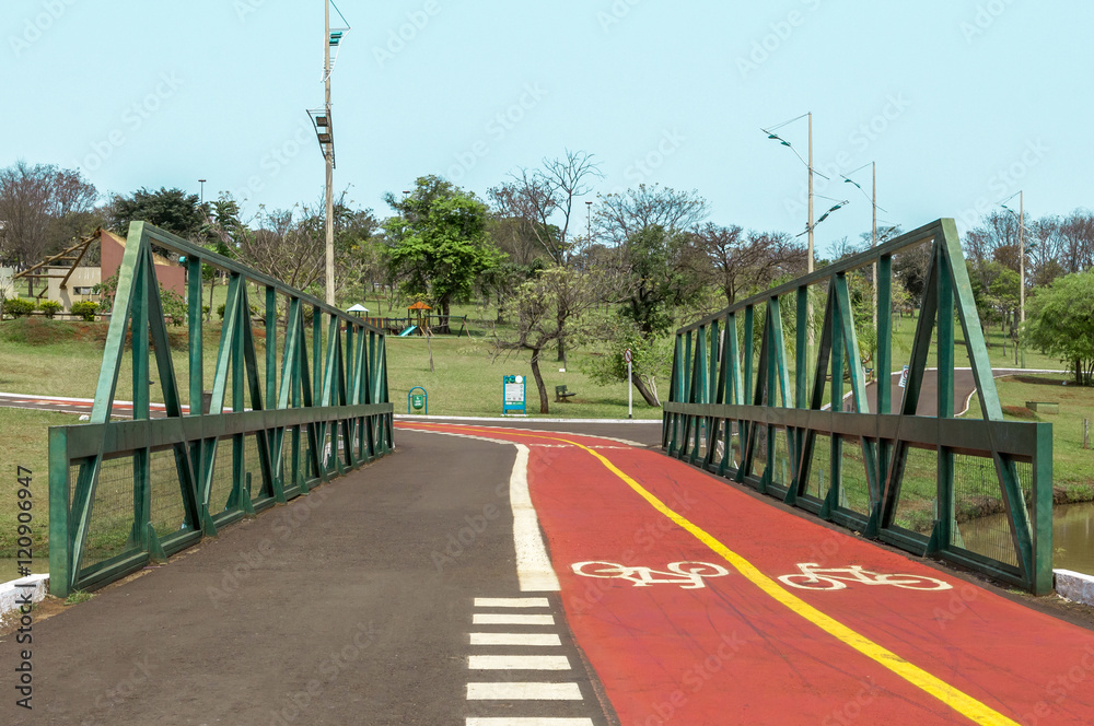 Green bridge with pedestrian walkway and a special lane for cyclists. Green vegetation background.