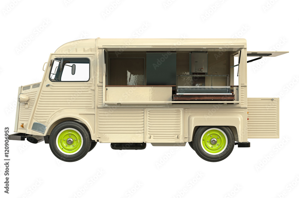 Food truck beige eatery with open doors, side view. 3D graphic