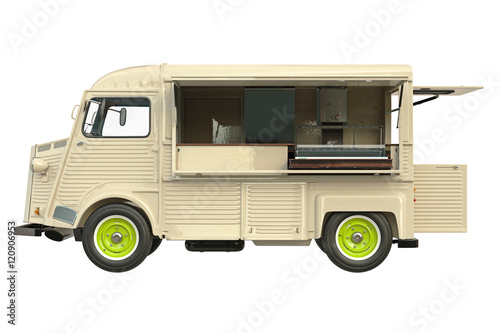Food truck beige eatery with open doors, side view. 3D graphic