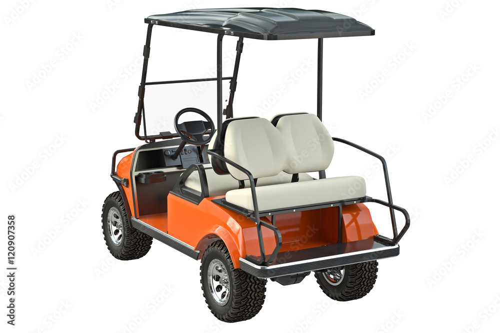 Golf car orange auto vehicle. 3D graphic