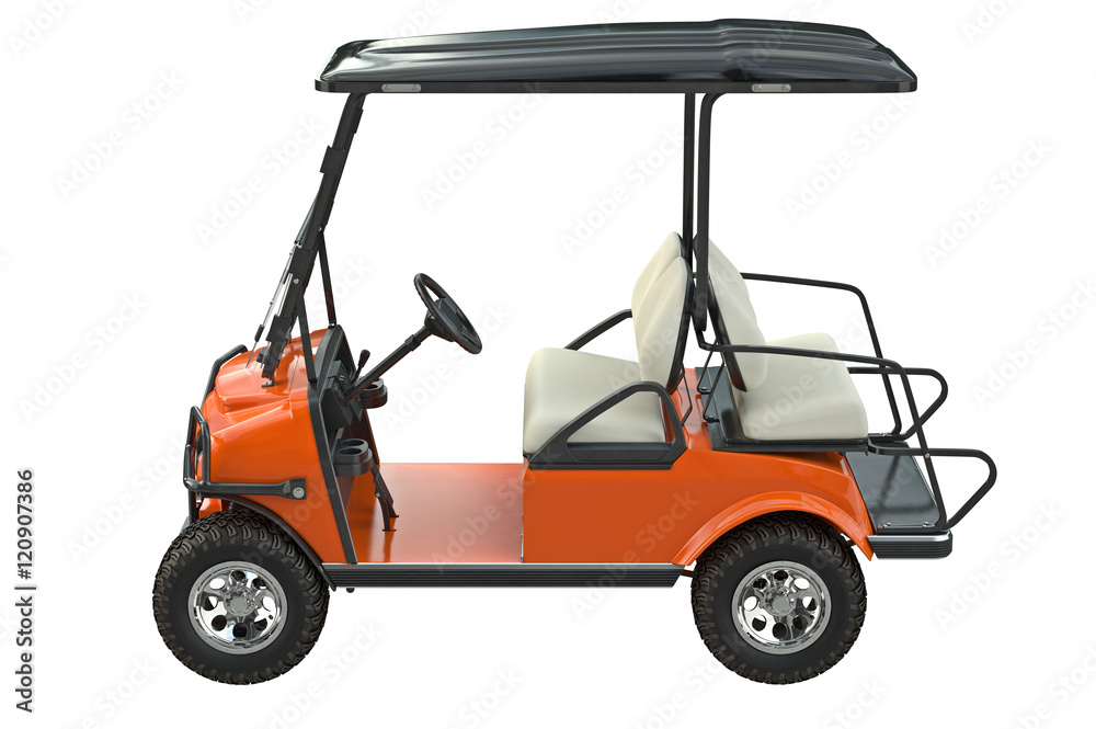 Golf car orange transport, side view. 3D graphic
