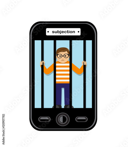 sad man sits in prison in a cell phone