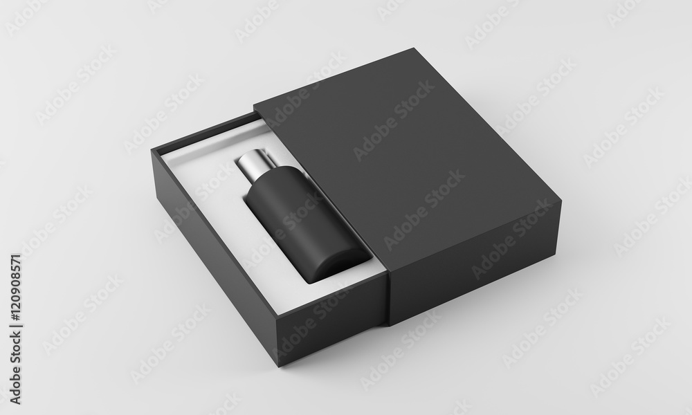 Black perfume bottle in white and black box Black perfume bottle in white and black box
