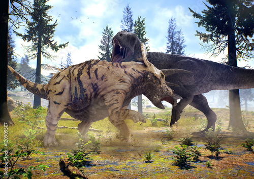 3D rendering of Tyrannosaurus Rex facing off against a Triceratops in Hell Creek about 67 million years ago.