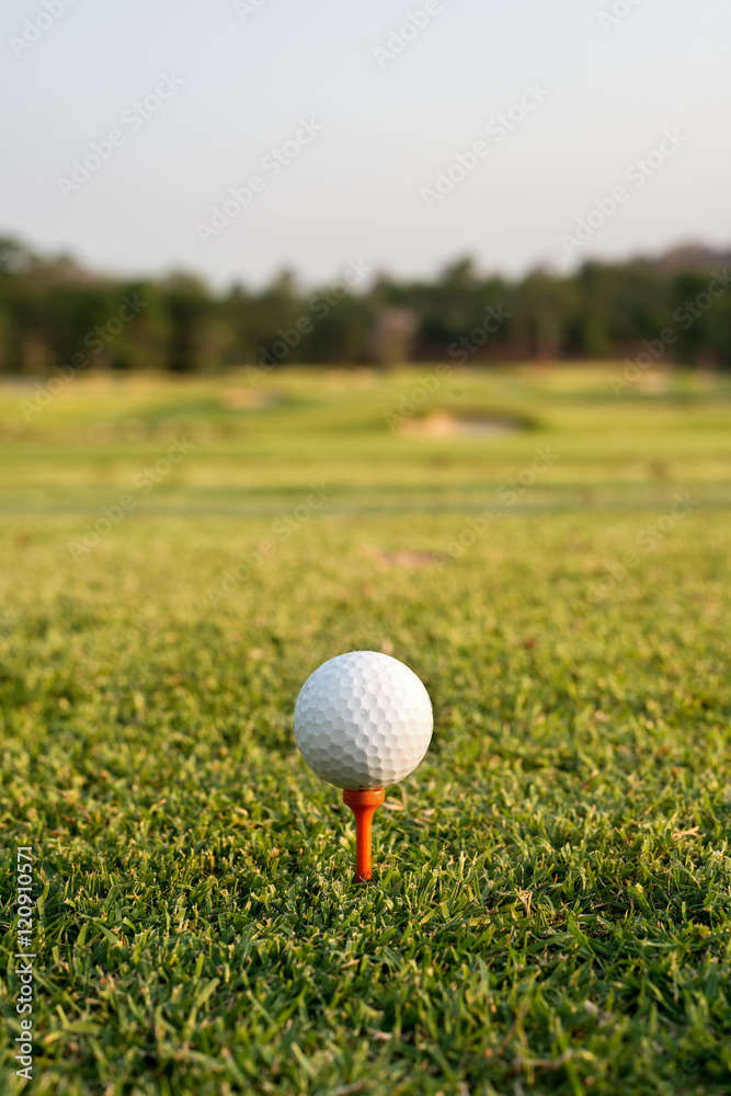 Golf ball on a tee against the golf course. Golf ball on a tee against the golf course.