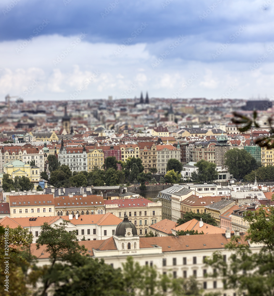Prague old town from Petrin park perspective with tilt-shift effect