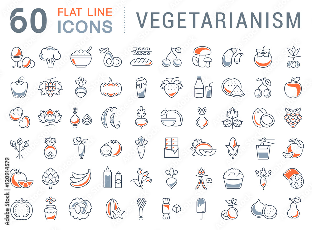Fototapeta premium Set Vector Flat Line Icons Vegetarianism