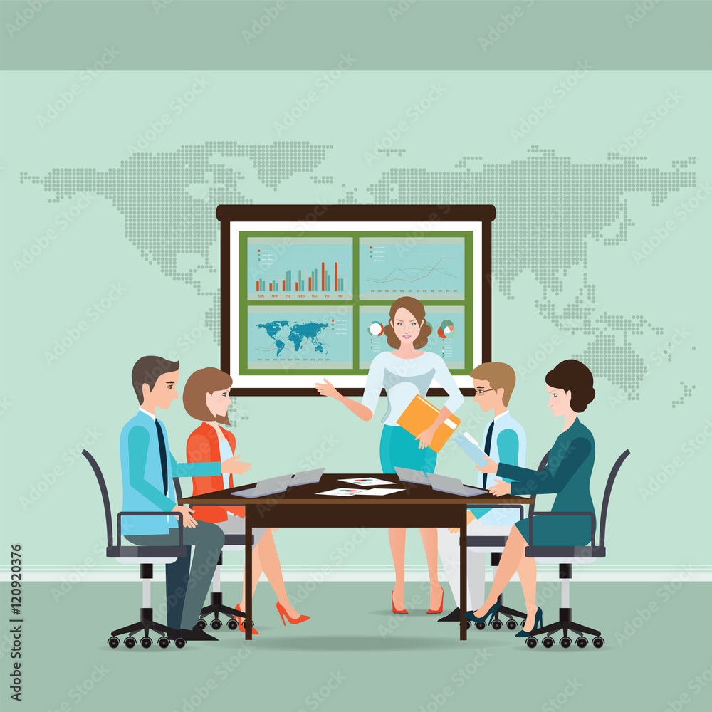 Business woman making presentation explaining charts on board. Business woman making presentation explaining charts on board.