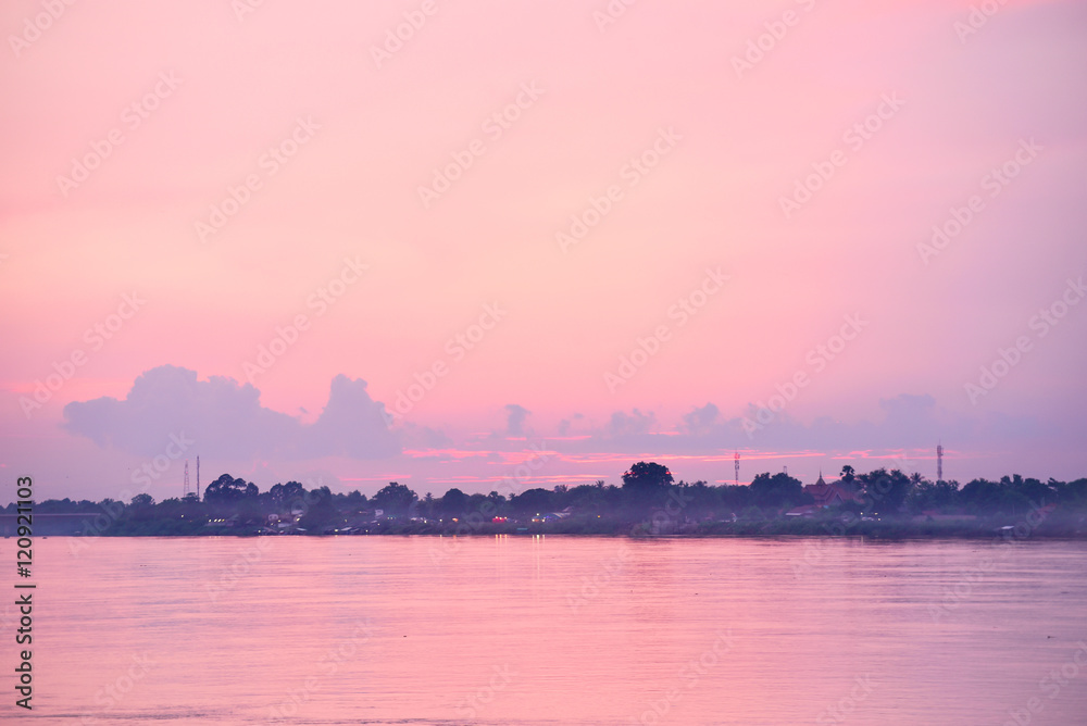 Beautiful Sunset Over the Mekong River in Nong Khai Province, Thailand