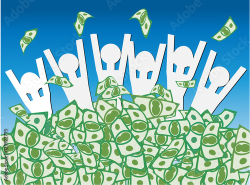 Cash Windfall Group of happy people waist deep in pile of money celebrating the wndfall