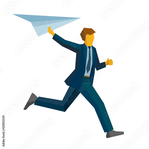 Running businessman with a paper plain in raised hand