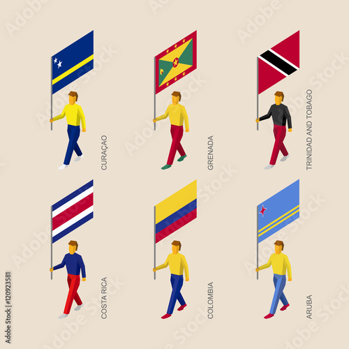 Set of 3d isometric people with flags of Caribbean countries
