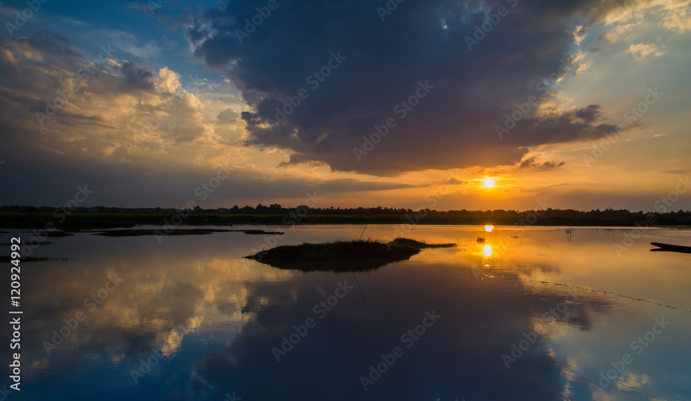 Natural scenery, beautiful sky, river.Sunset over the forest lake.