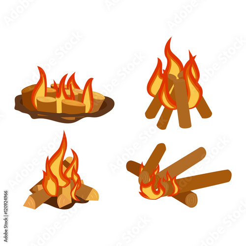 Isolated illustration of campfires logs burning bonfires. Bonfires on white background. Vector bonfire isolated and wood explosion glowing bonfire isolated. Red nature burning blazing power vector.