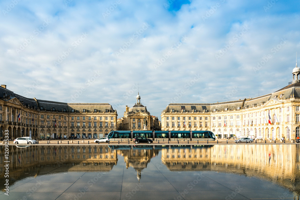 Street view of Place De La Bourse in Bordeaux city, France Europ