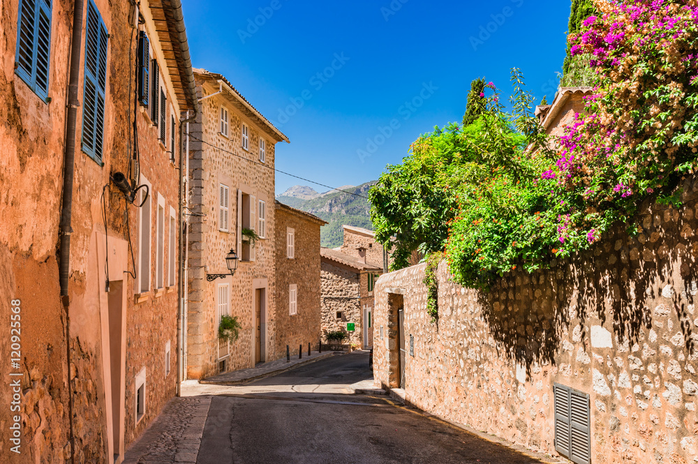 Mediterranean old village street in Biniaraix Majorca Spain