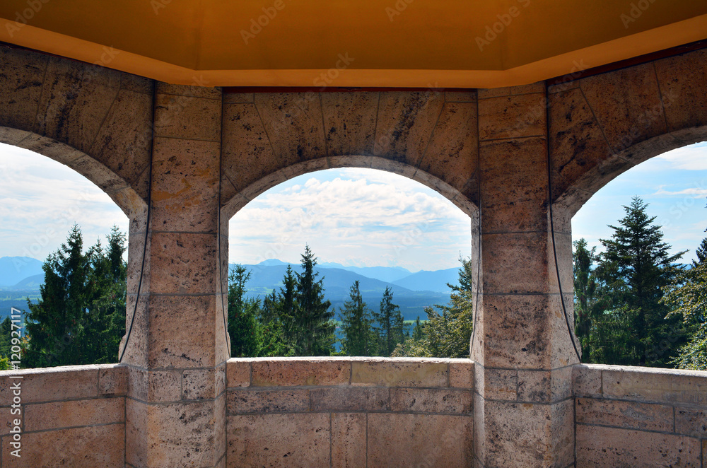 Beautiful view of forest and hills from inside of Taubenberg tower, Bavaria, Germany