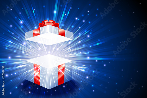 Open gift box with shining exploding firework from glitter for decoration of theme of Christmas, New Year and Birthday; Vector Background Eps10