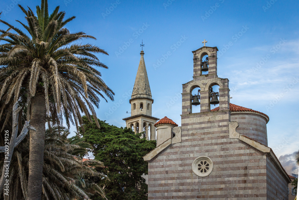 The church in the ancient city on the Adriatic coast. Budva. Montenegro. Budva Riviera.