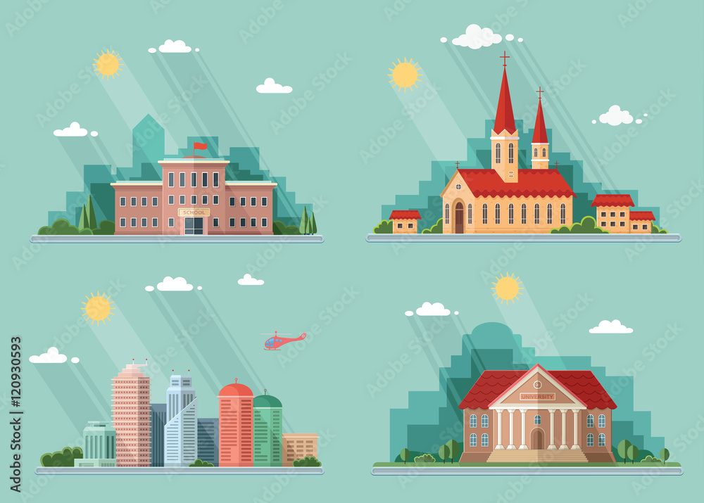 Icons, school, church, university, city. Flat style vector illus