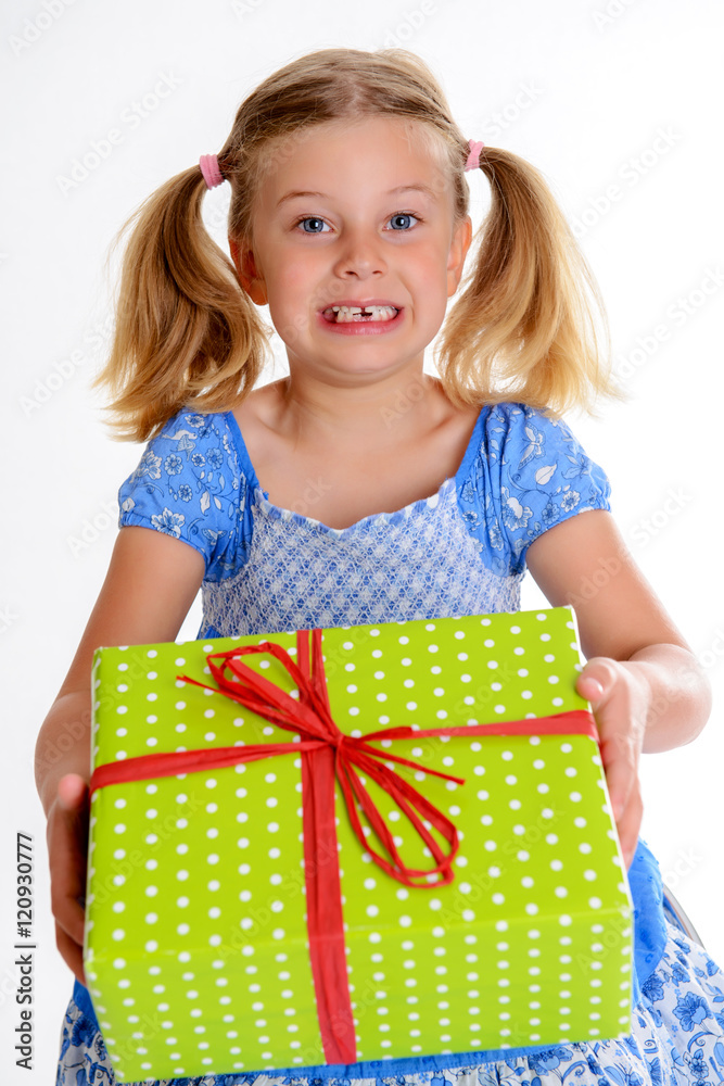 blond girl with green gift box