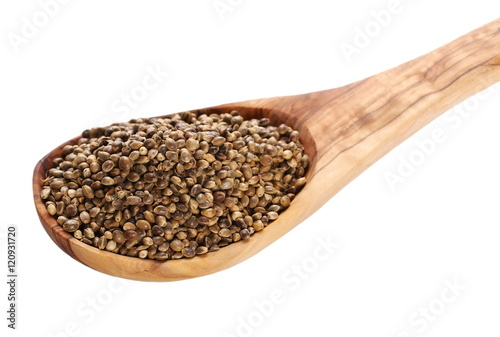Wooden spoon with hemp seeds isolated on white background