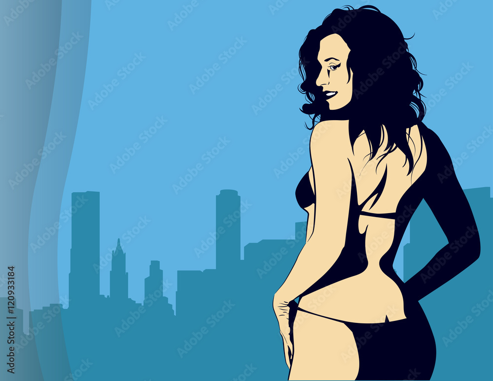 Woman near window with view on the night city, vector Woman near window with view on the night city, vector