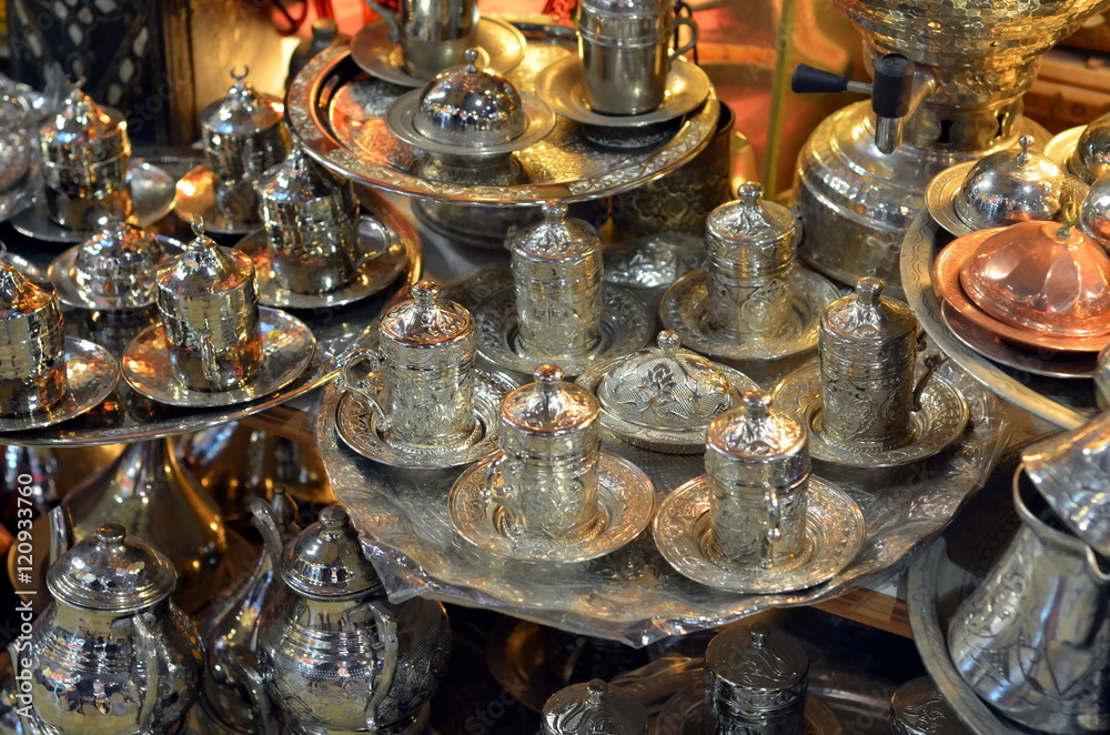 Metal coffee sets at the Istanbul market, Turkey