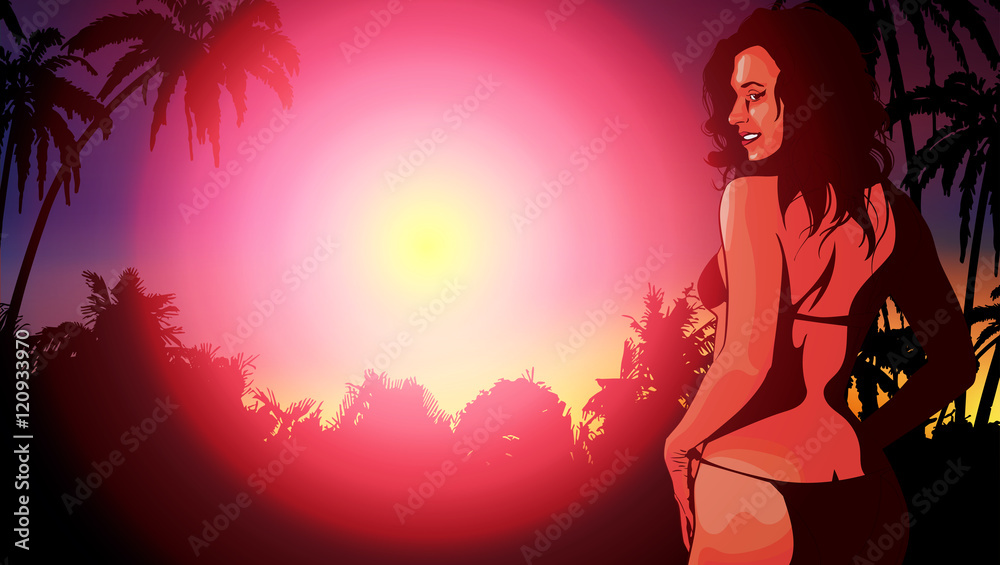 Design vector template girl bikini at tropical paradise with palm trees Design vector template girl bikini at tropical paradise with palm trees