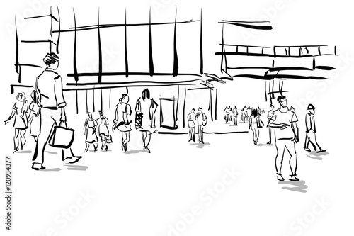 people in urban scene ink sketch