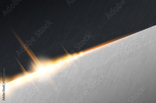 Dark iron and stainless steel brushed metal background with light effect. Vector scratched surface and welding line. Heavy industrial material design. Diagonal sun beam poster