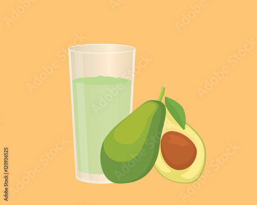 avocado smoothie with fruit and a glass of the smoothies with flat style