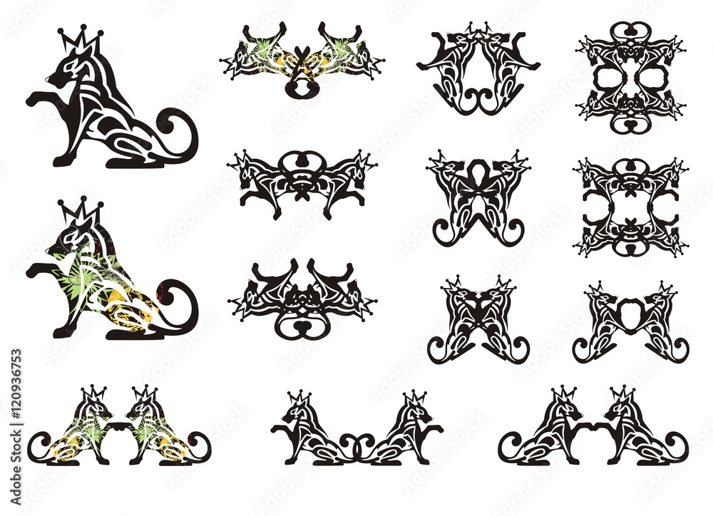 Naklejka premium Big dog symbols collection. The sitting dog with the raised paw and a crown and symbols from her