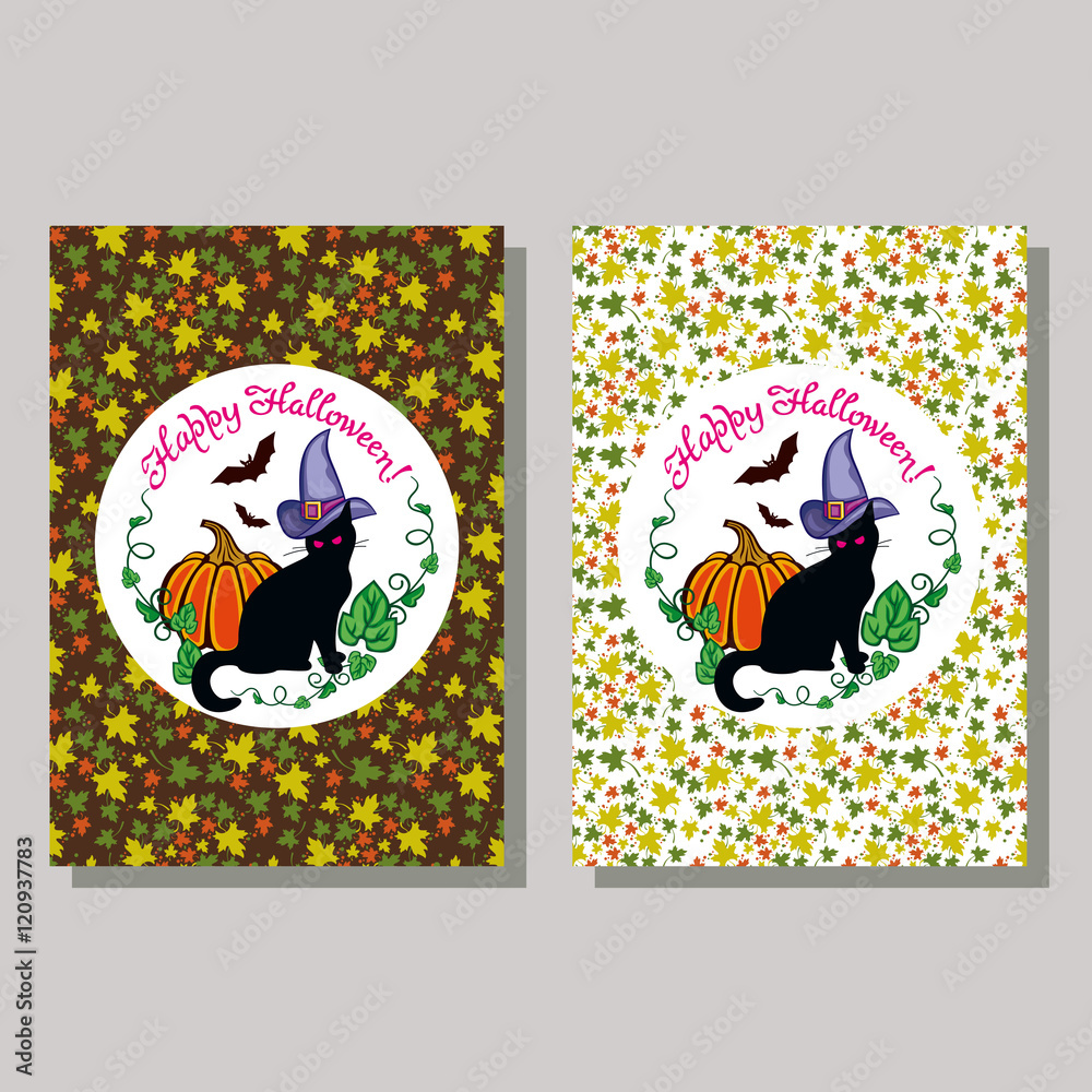 Halloween greeting card. Black cat in witch hat, pumpkin and hand drawn text 