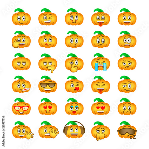 Halloween pumpkin emoji emoticons. Smiley face holiday symbol flat vector icons. Different facial emotions and expressions. Cute cartoon character mood and reactions for text chat and web messenger