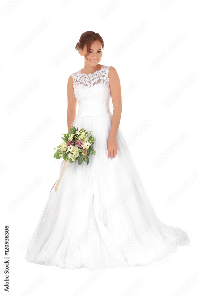 Beautiful bride with wedding bouquet isolated on white Beautiful bride with wedding bouquet isolated on white