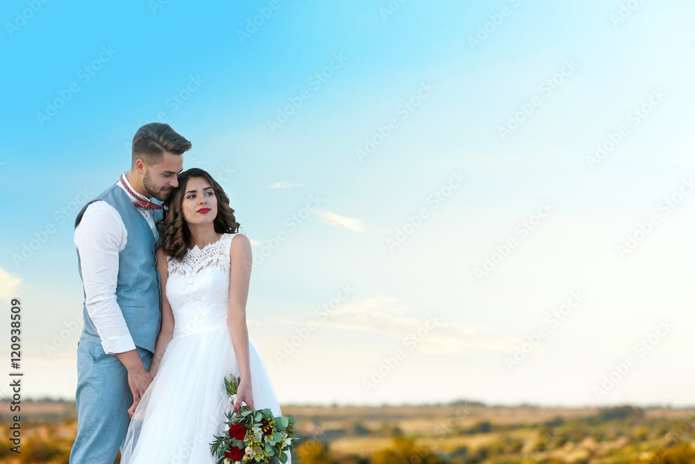 Bride and groom standing over beautiful landscape Bride and groom standing over beautiful landscape