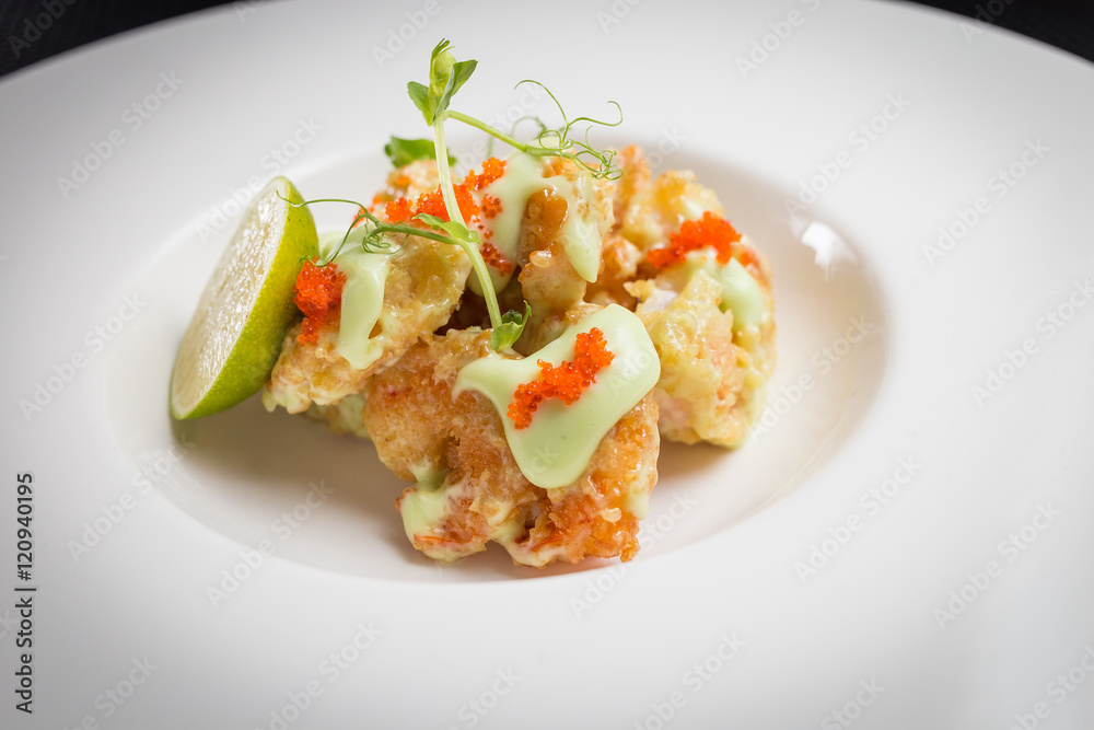shrimp tempura with roe on white plate, restaurant shrimp tempura with roe on white plate, restaurant