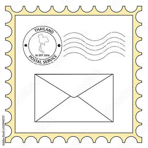 Digital illustrations of a vintage-looking postage ink stamp from Thailand and an envelope icon all in a postage stamp frame in vector eps 10 format